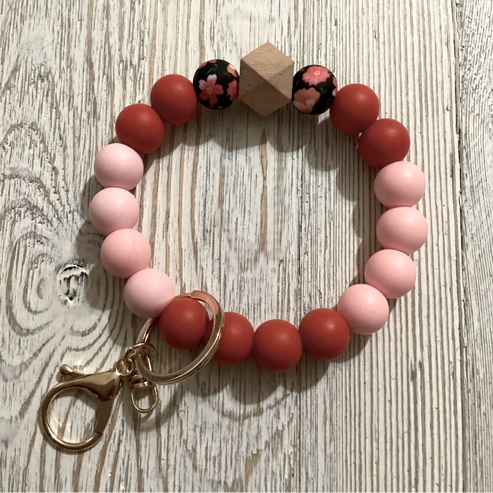 Silicone Beaded Wristlet Floral Pink Red Wooded Bead w/ Lg Lobster Clasp